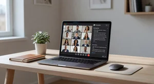 Professional workspace with laptop showing AI meeting transcription with notes and action items in real time
