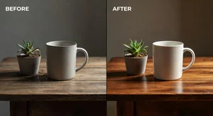 A workflow comparison showing manual editing steps versus AI watermark removal with time indicators