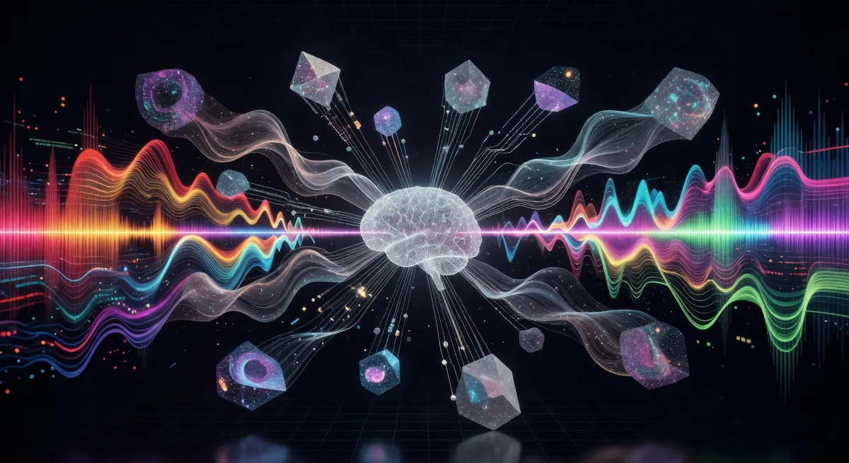 Abstract visualization of AI analyzing vocal patterns with colorful frequency bands and sound spectrum display