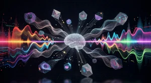 Abstract visualization of AI analyzing vocal patterns with colorful frequency bands and sound spectrum display