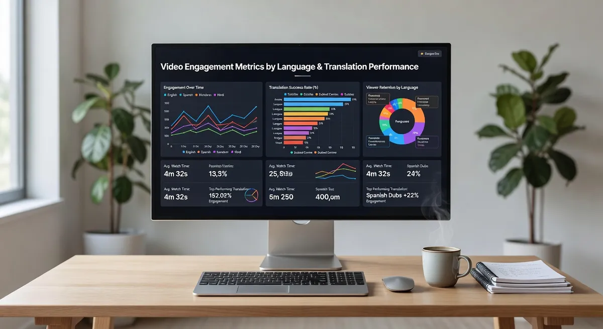 Split screen comparison showing dubbed video versus subtitled video playback, viewer engagement analytics, video performance metrics dashboard