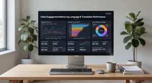 Split screen comparison showing dubbed video versus subtitled video playback, viewer engagement analytics, video performance metrics dashboard