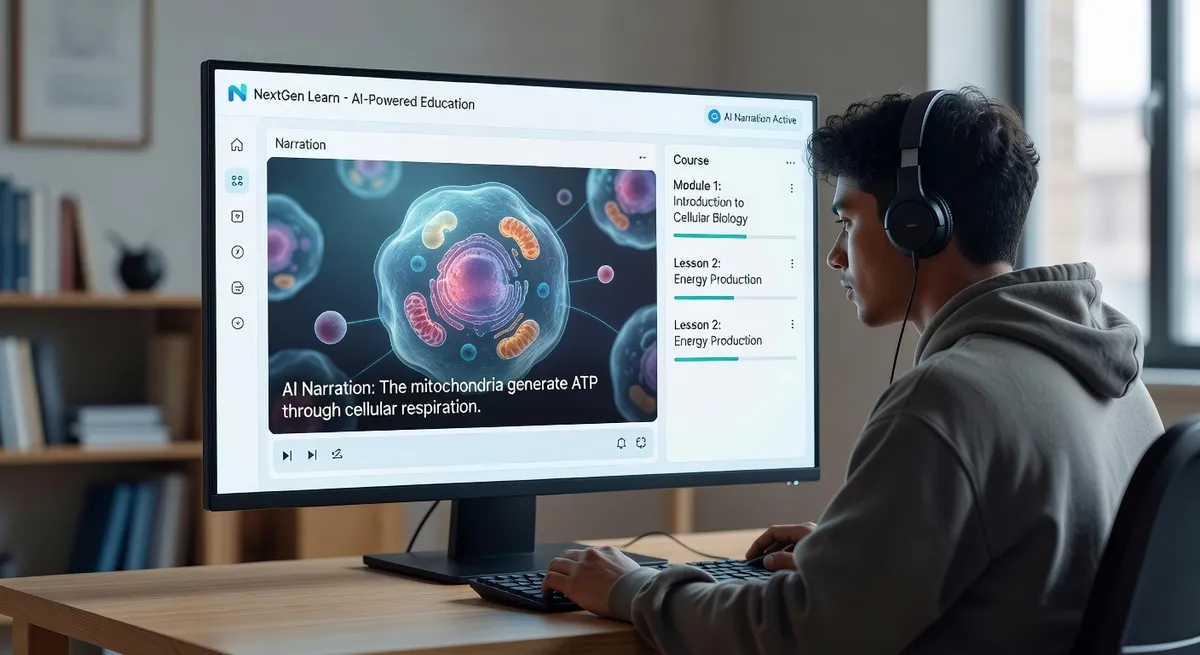 Online learning platform interface showing video lesson with AI narration displaying educational course content on screen