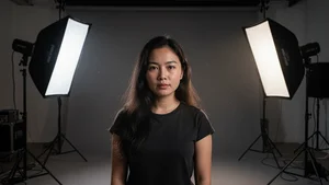 Portrait photography with AI-controlled studio lighting setup and professional softbox arrangement