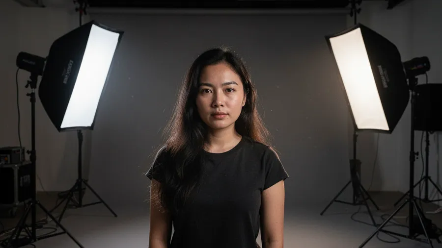 Portrait photography with AI-controlled studio lighting setup and professional softbox arrangement