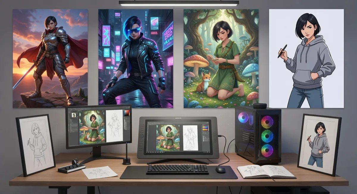 Digital illustration series showing consistent character design across multiple artworks, artist workspace, professional digital art tools