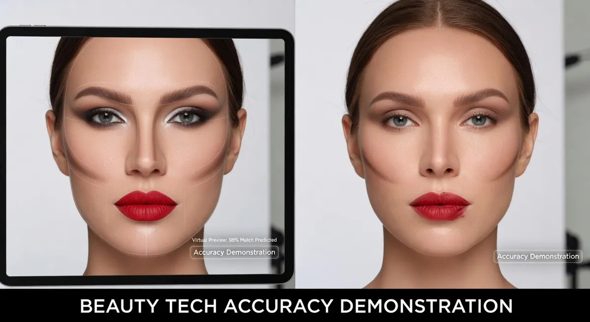 Technical diagram showing facial mapping points, 3D mesh overlay, and AI color matching algorithm processing for virtual makeup application