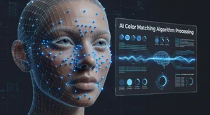 Technical diagram showing facial mapping points, 3D mesh overlay, and AI color matching algorithm processing for virtual makeup application