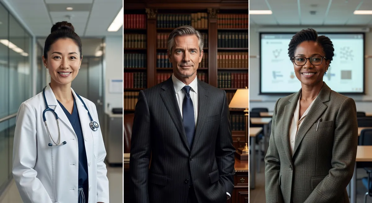 Collection of professional headshots for different industries - medical, legal, education - with appropriate AI styling and backgrounds