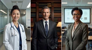 Collection of professional headshots for different industries - medical, legal, education - with appropriate AI styling and backgrounds