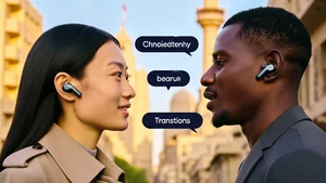 Person wearing sleek wireless earbuds having a conversation with someone speaking a different language with translation text bubbles floating between them