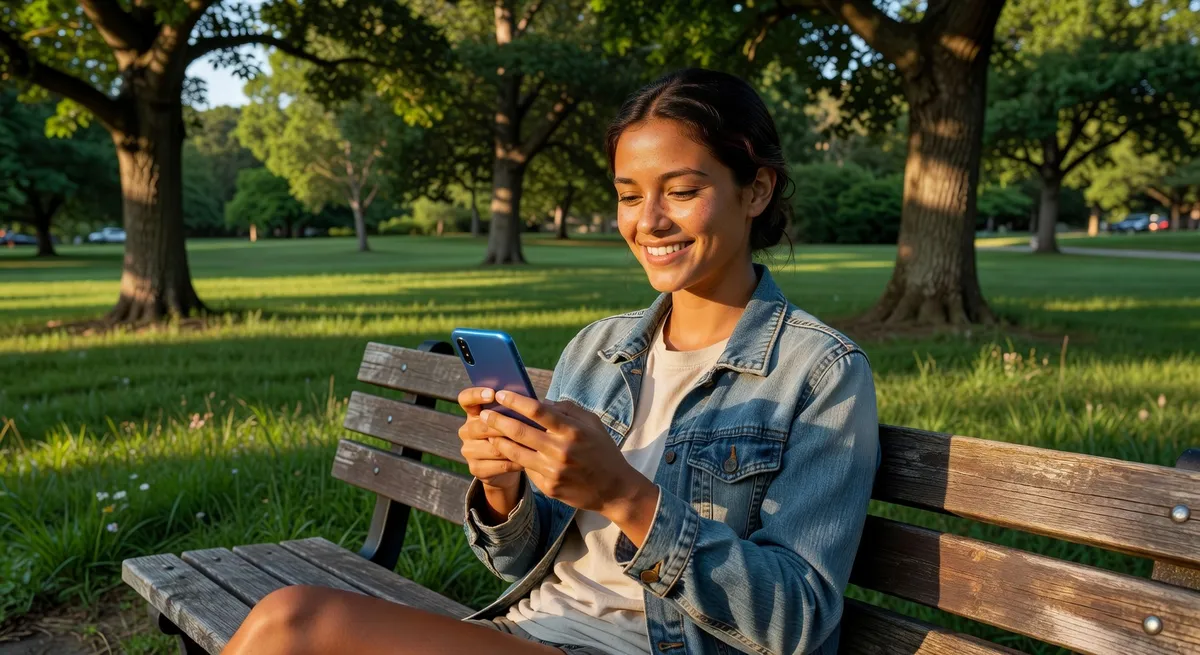 Person looking at phone with genuine smile in natural outdoor environment