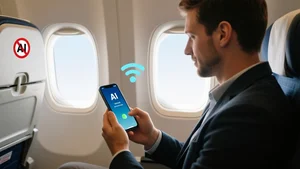 Person using smartphone in airplane mode with AI features working perfectly in a flight cabin setting