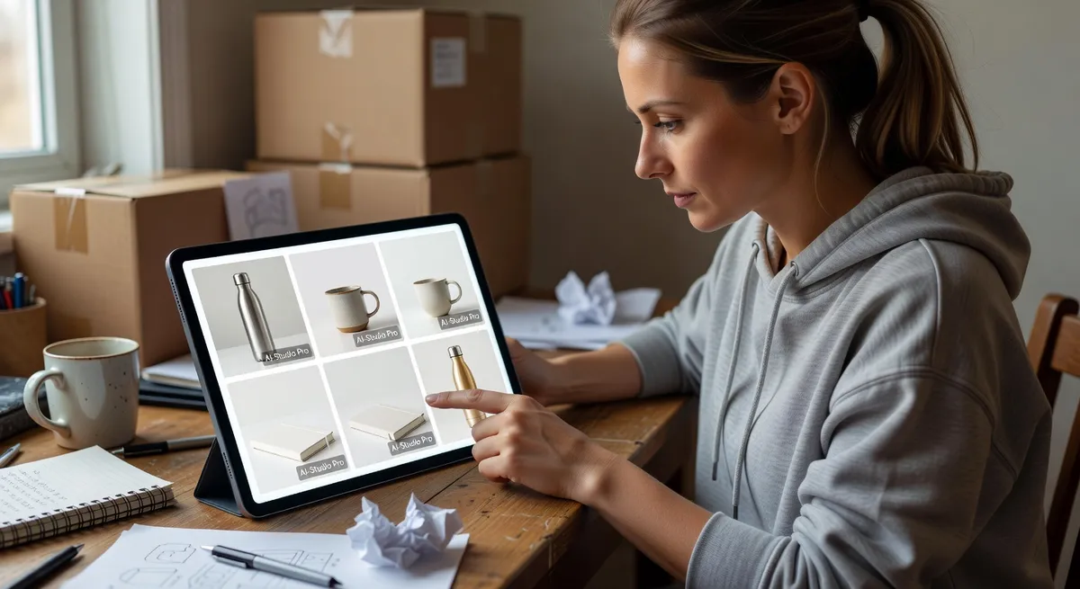 A small ecommerce business owner reviewing a complete set of professional product photos on a tablet, showing beautifully lit products against clean backgrounds with watermarks, representing the result of using AI tools to replace a professional photo studio on zero budget