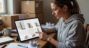 A small ecommerce business owner reviewing a complete set of professional product photos on a tablet, showing beautifully lit products against clean backgrounds with watermarks, representing the result of using AI tools to replace a professional photo studio on zero budget