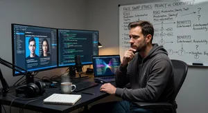 Content creator contemplating ethics of face swap technology in modern workspace