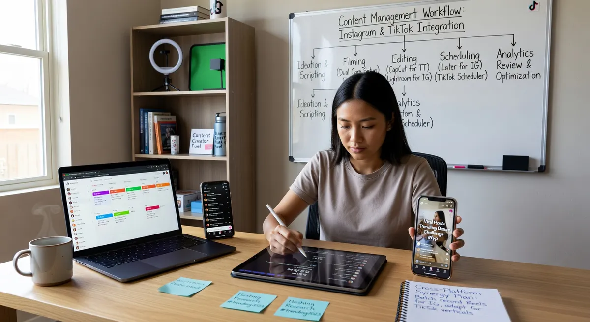 Content creator working on multiple devices to manage cross-platform social media strategy on Instagram and TikTok simultaneously