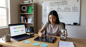 Content creator working on multiple devices to manage cross-platform social media strategy on Instagram and TikTok simultaneously
