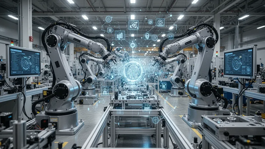 AI automation in manufacturing floor with robotic systems and IoT integration