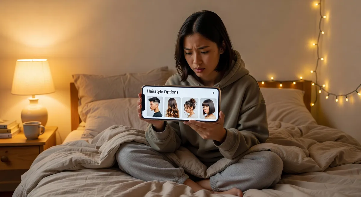 Person looking at phone screen showing different hairstyle options
