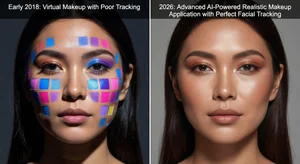 Split screen comparison showing early 2018 virtual makeup technology with poor tracking versus 2026 advanced AI powered realistic application