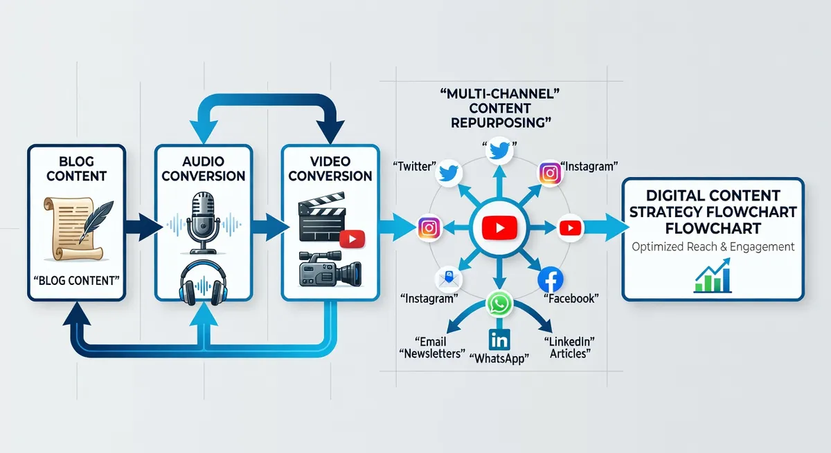Content repurposing strategy flowchart showing blog post converting to audio podcast and video formats across multiple platforms