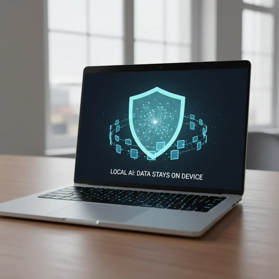 Privacy shield concept showing data staying on a local device running AI