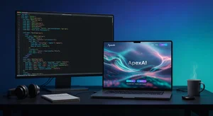 A developer's project workspace showing the transformation from raw code output to a polished product landing page, with the AI-generated hero image, gradient background, and professional logo displayed, representing the visual gap that AI tools bridge