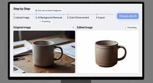 AI-powered editing tool on screen showing automatic background removal and color enhancement of product photo, beginner-friendly simple interface
