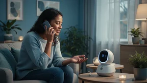 Person having a comforting conversation with AI therapist on phone in peaceful room