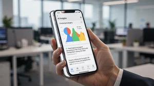 Mobile phone displaying AI data insights with simple charts and natural language summaries