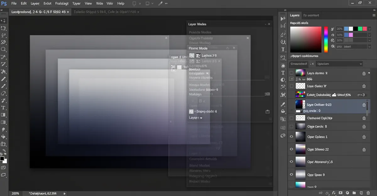 Layered gradient composition breakdown showing multiple gradient layers with different opacities and blend modes stacked to create depth