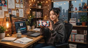 Content creator at workspace with smartphone showing an anime-styled selfie