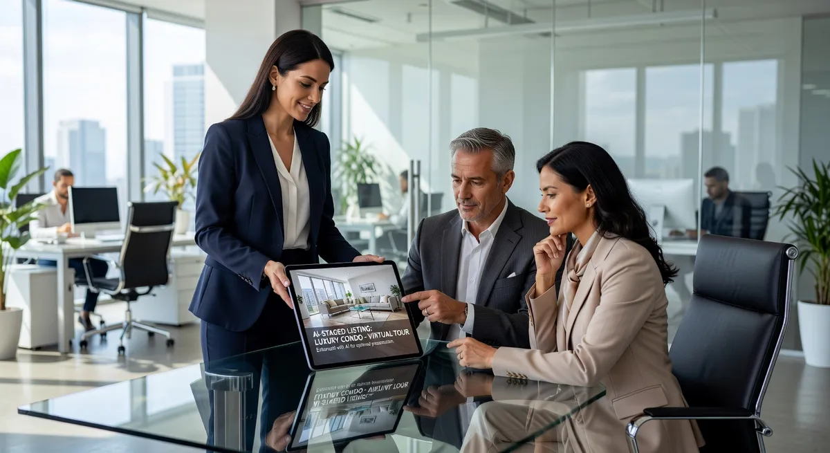 Real estate agent showing AI-staged listing photos to clients on a tablet in a modern office setting