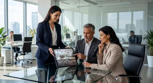 Real estate agent showing AI-staged listing photos to clients on a tablet in a modern office setting