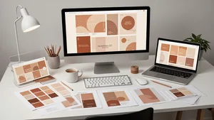 A designer workspace showing various digital tools and color palettes for creating neo-minimalist designs with warm tones and subtle textures