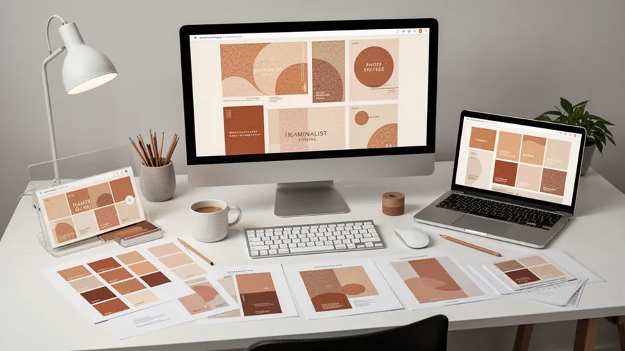 A designer workspace showing various digital tools and color palettes for creating neo-minimalist designs with warm tones and subtle textures