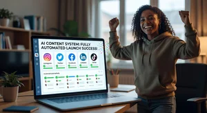 A content creator celebrating the launch of their fully automated AI content system showing a laptop with multiple social media platforms all publishing simultaneously with scheduled content, representing the freedom of automated content marketing