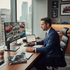 Car dealer reviewing automotive photos in professional workspace