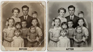 Colorized restored photo of children from the 1950s showing vibrant period-accurate colors and enhanced facial details
