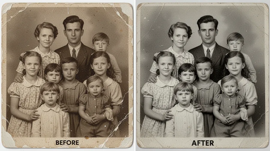 Colorized restored photo of children from the 1950s showing vibrant period-accurate colors and enhanced facial details