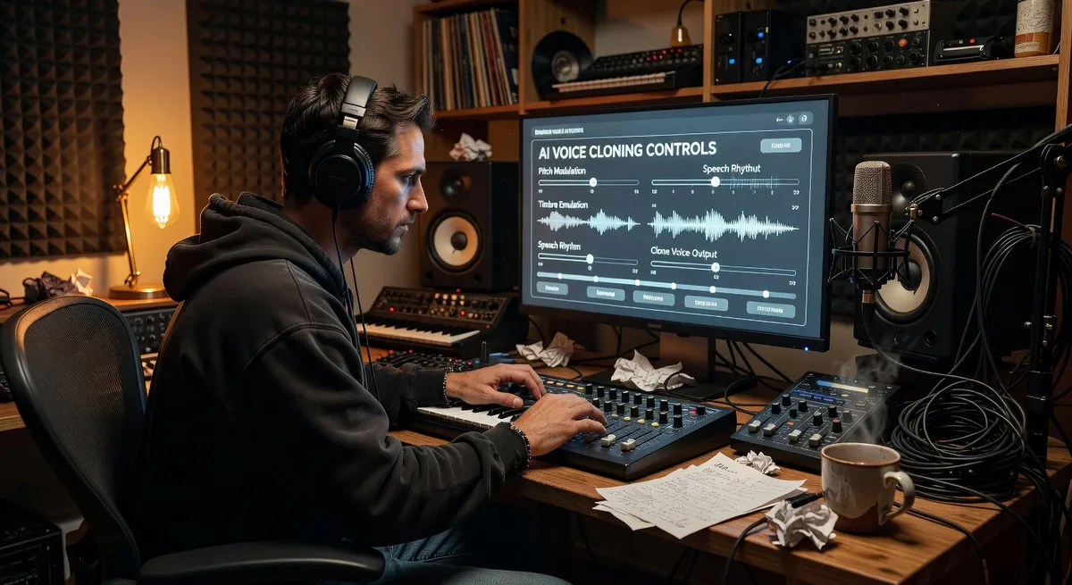 Music producer in a home studio using an AI interface with voice cloning controls and warm studio lighting