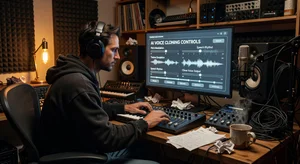 Music producer in a home studio using an AI interface with voice cloning controls and warm studio lighting