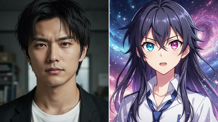 Before and after showing dramatic transformation from photo to anime character with clean style conversion