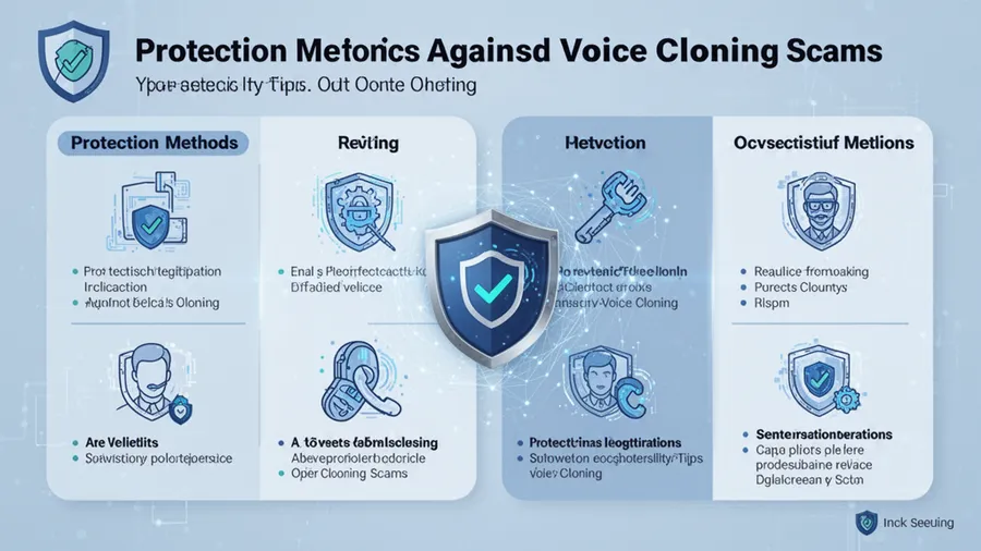 Security tips infographic showing protection methods against voice cloning scams including verification protocols