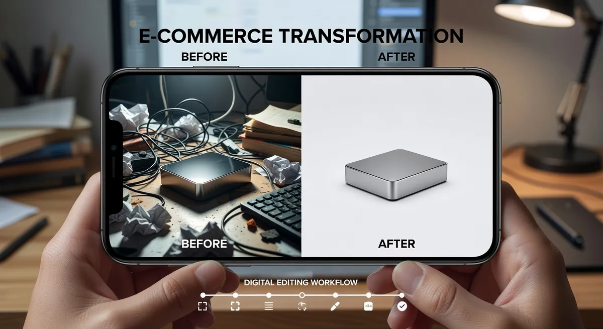 Before and after comparison of product photo with cluttered background transformed to clean white background for ecommerce