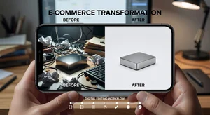 Before and after comparison of product photo with cluttered background transformed to clean white background for ecommerce