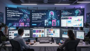AI marketing command center with campaign copy, ad creatives, analytics and social posts