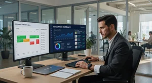 E-commerce marketer at modern desk reviewing AI analytics dashboard with automated content tools
