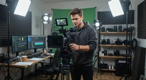 A split screen showing the same interview footage being processed: one side displays a traditional manual editing timeline with multiple audio tracks, while the other shows an AI-powered interface with automatic scene analysis and mood detection overlays